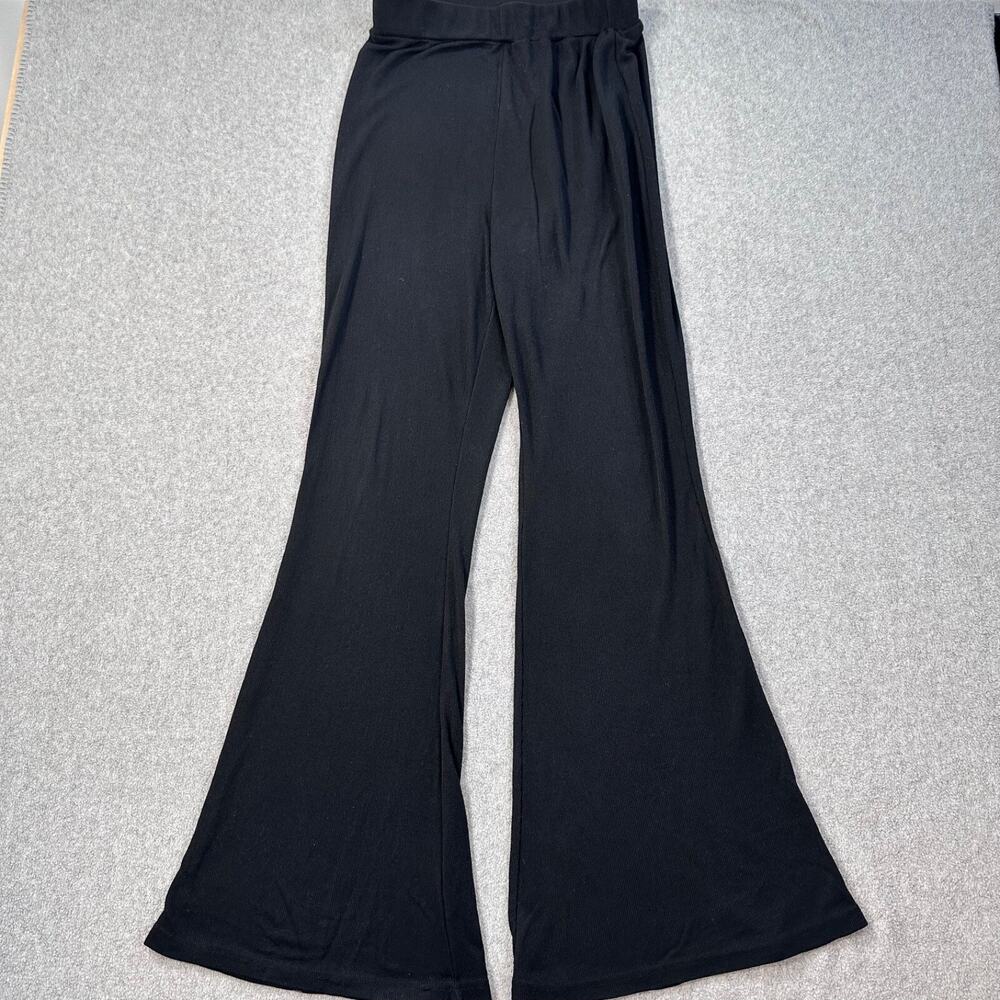 Lioness Black Elastic Waist Flare Pants Size Large High Rise Knit Slightly Sheer